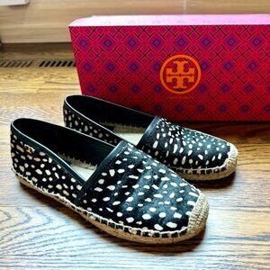 Tory Burch McKenzie Black Pony Print Leather and Calf Hair Espadrilles Size 6